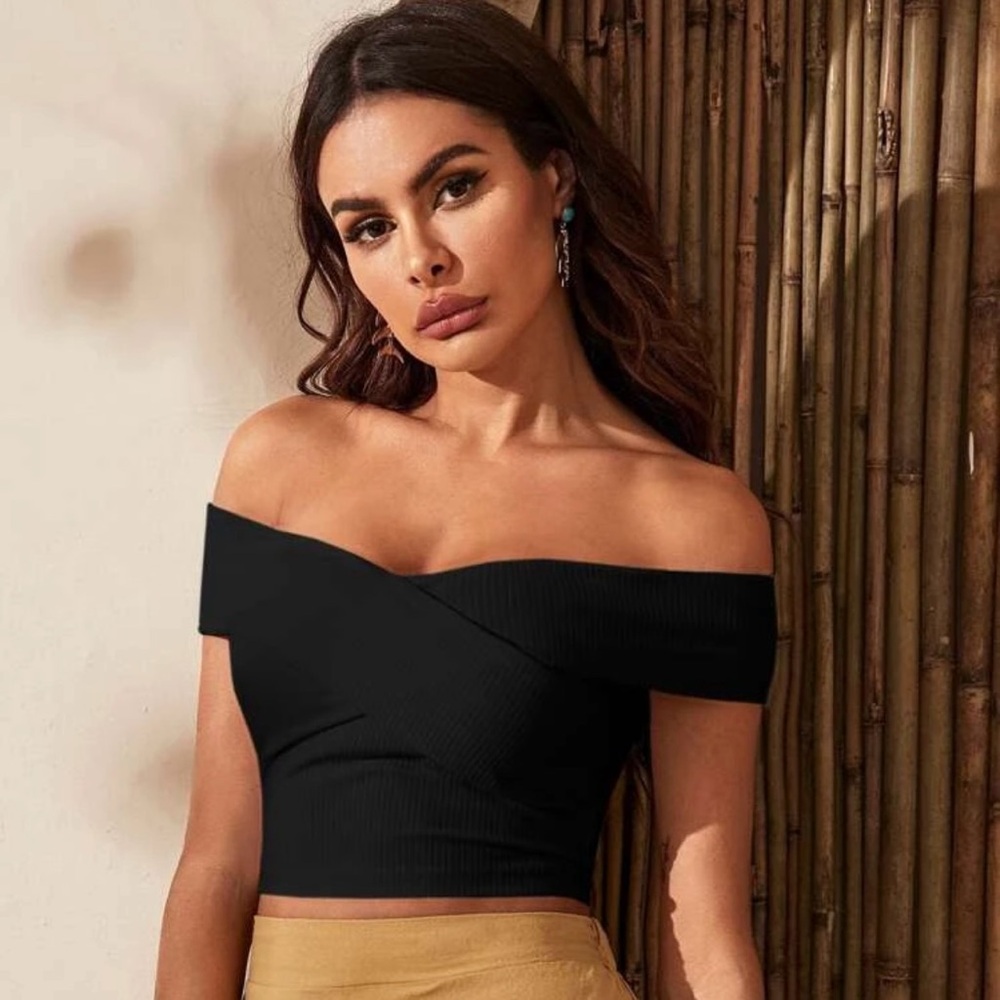 SHEIN Off Shoulder Crisscross Rib-knit Top